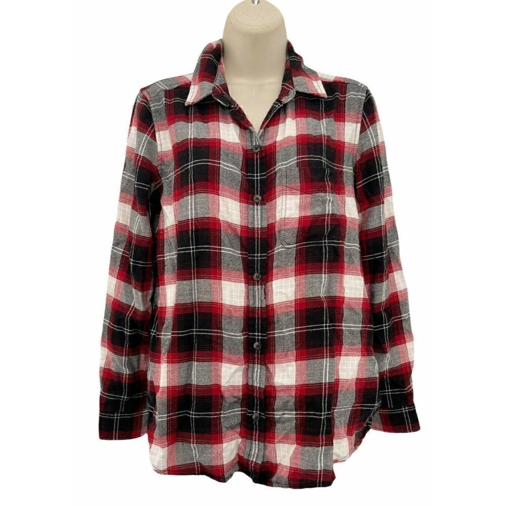 American Eagle Women's Sz S Boyfriend Fit Red Black Plaid Flannel Button Shirt